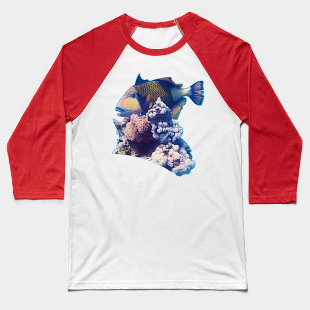 Triggerfish On A Coral | Red Sea Dive | Viva Magenta Background | Baseball T-Shirt by Ute-Niemann